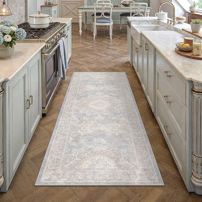 PureCozy Blue Runner Rug 2x6 Hallway Washable Vintage Carpet for Kitchen Non Slip Soft Low Pile Indoor Retro Oriental Medallion Accent Throw Long Rug Rug for Bathroom Laundry Dining Room