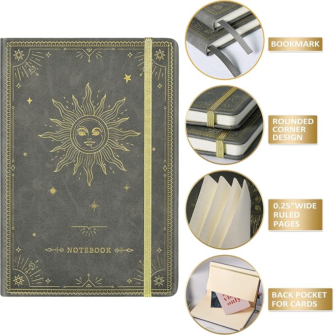 Artfan Ruled Notebook/Journal – Premium Thick Paper Faux Leather Classic Writing Notebook with Pocket + Page Dividers Gifts, Banded, Large, 144 Pages, Hard Cover, Lined (5.8''x 8.4'') - Dark Gray
