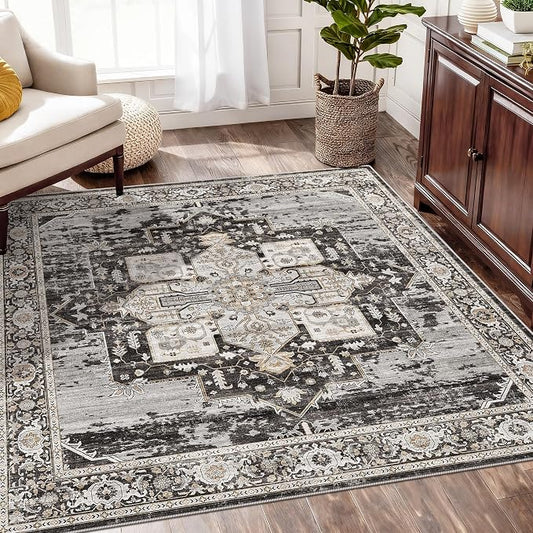 RUUGME Washable 5 x 5 Square Rug- Area Rugs for Living Room Stain Resistant Carpet Soft Rugs for Married Woman in Bedroom Kitchen Dining Room with Non Slip Backing Home 5x5 Black