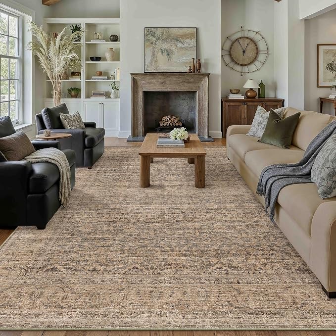 PureCozy Area Rug 9x12 Brown Machine Washable Non-Slip Vintage Low Plie Thin Living Room Bedroom Dining Room Distressed Carpet Indoor Large Home Office Retro Rug