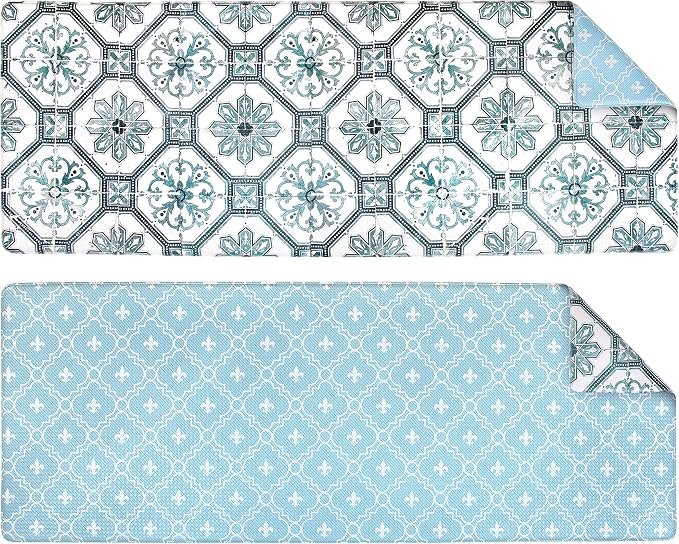 OPUX Anti Fatigue Kitchen Floor Mat, Reversible Cushioned Memory Foam Kitchen Rug Pad, Waterproof Non-Slip Padded Comfort Standing Mat Office Laundry Home, 47x17 (Floral Tile Blue)