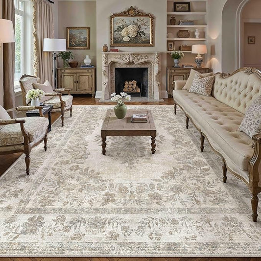 PureCozy 10x12 Area Rug Beige Washable Vintage Distressed Living Room Carpet Large Bedroom Indoor Medallion Floral Non Slip Retro Throw Floor Mat for Office Dining Room Kitchen Bathroom