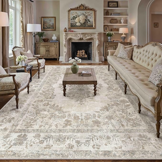 PureCozy 10x14 Area Rug Beige Washable Vintage Distressed Living Room Carpet Large Bedroom Indoor Medallion Floral Non Slip Retro Throw Floor Mat for Office Dining Room Kitchen Bathroom
