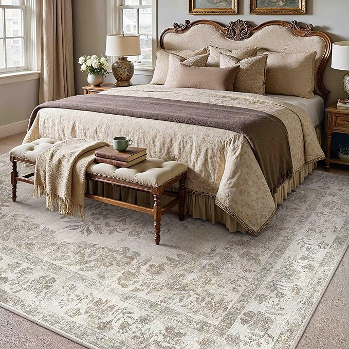 PureCozy 7x9 Area Rug Beige Washable Vintage Distressed Living Room Carpet Large Bedroom Indoor Medallion Floral Non Slip Retro Throw Floor Mat for Office Dining Room Kitchen Bathroom