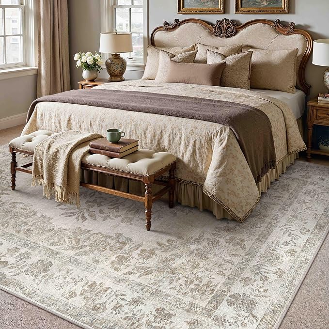 PureCozy 10x14 Area Rug Beige Washable Vintage Distressed Living Room Carpet Large Bedroom Indoor Medallion Floral Non Slip Retro Throw Floor Mat for Office Dining Room Kitchen Bathroom