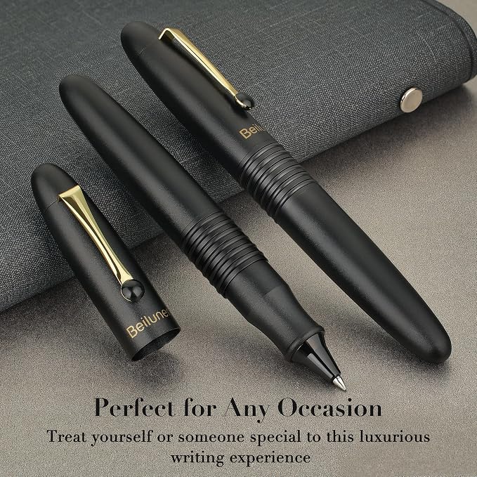 BEILUNER 320 Black Rollerball - Stunning Luxury Pen with Gold Finish, EDC, Heavy, Smooth Black Ink Refill, Best Gift Set for Men & Women, Professional, Executive Office, Nice Classic Pens