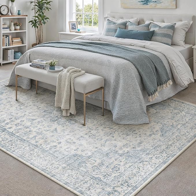 PureCozy 8x10 Area Rug Washable Neutral Blue Vintage Living Room Bedroom Carpet Non Slip Low Pile Soft Floral Indoor Large Throw Rug for Dining Room Office
