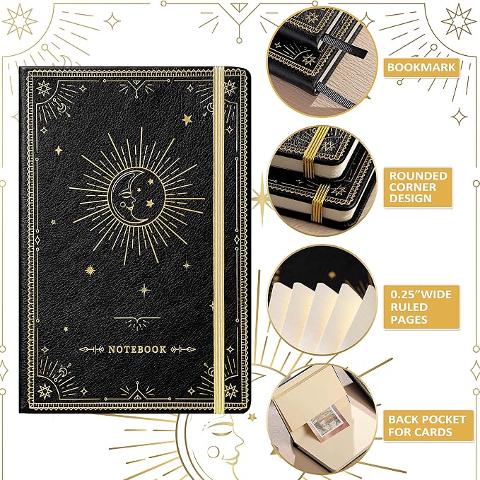 Artfan Ruled Notebook/Journal – Premium Thick Paper Classic Writing Notebook with Pocket + Page Dividers Gifts, Banded, Large, 128 Pages, Hard Cover, Lined (5.3" x 8.26") - Goddess Of the Moon
