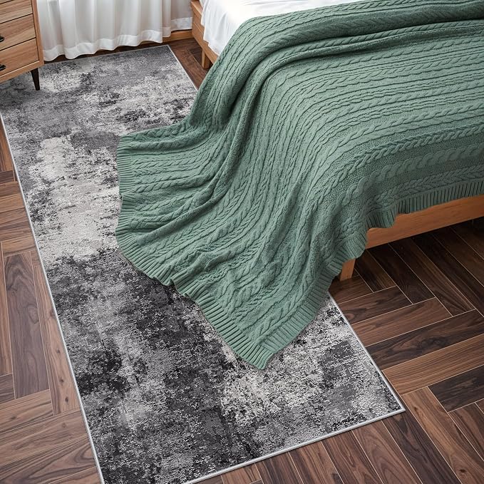Abstract Kitchen Runner Rug 3x8: Washable Non Slip Carpet Runner for Hallway Bedroom Laundry - Low Pile Ultra Thin Modern Entryway Throw Carpet - Soft Boho Floor Mat for Home Decor (3X8 Black-Grey)
