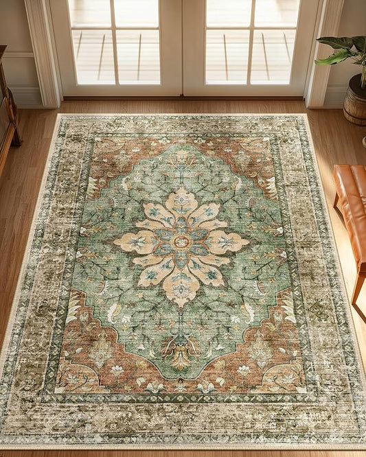 RELEANY Area Rugs 3'x4' Washable Non-Slip, Floral Vintage Distress Medallion Carpet for Living Room Bedroom Dining Room, Terracotta Burnt Orange Green