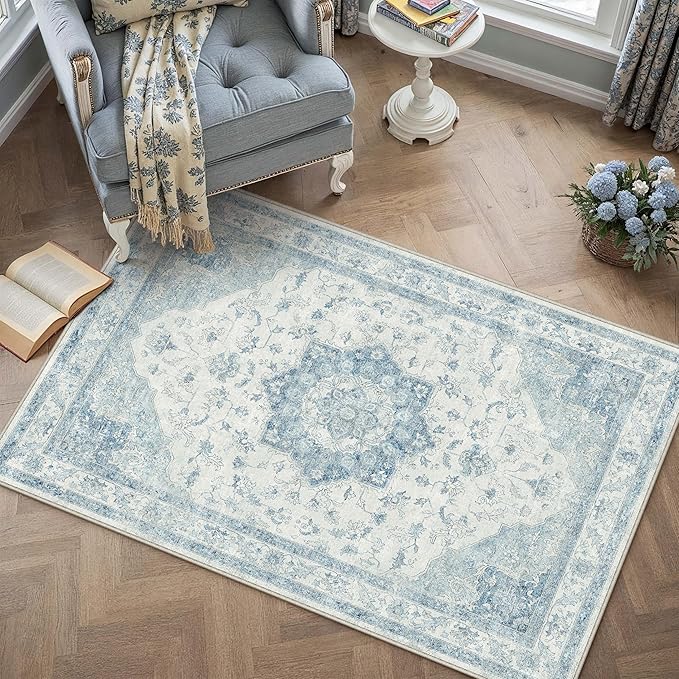 PureCozy Blue Area Rug 3x5 Washable Vintage Carpet for Entryway Office Soft Retro Kitchen Low Pile Thin Door Mat Non Slip Oriental Medallion Throw Rug for Bathroom Bedroom Dining Living Room