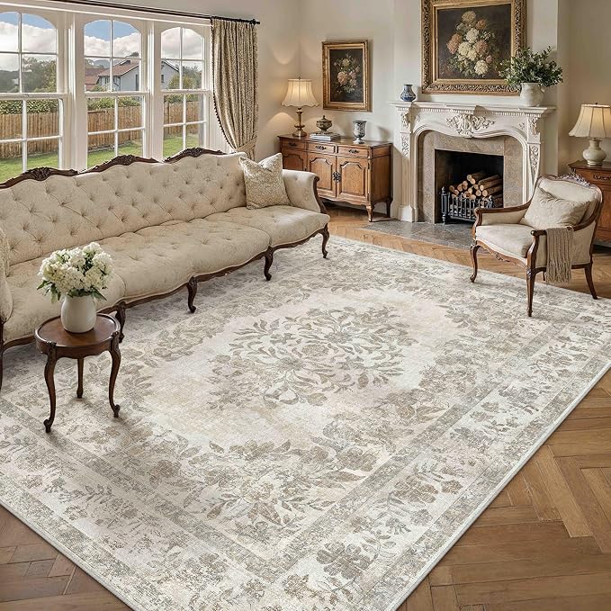 PureCozy 10x14 Area Rug Beige Washable Vintage Distressed Living Room Carpet Large Bedroom Indoor Medallion Floral Non Slip Retro Throw Floor Mat for Office Dining Room Kitchen Bathroom