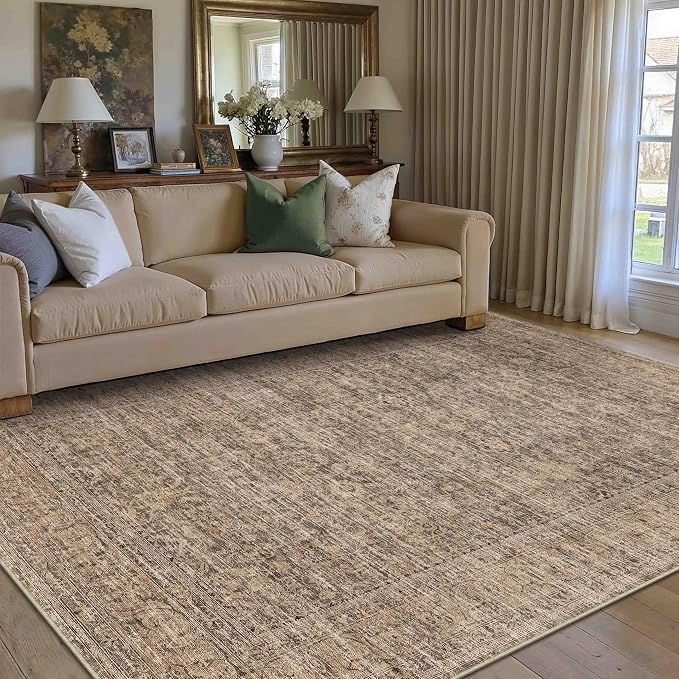 PureCozy Washable Rug 3x5, Entryway Brown Indoor Non Slip Small Low Plie Thin Bedroom Kitchen Area Rugs Retro Accent Throw Office Vintage Carpet for Nursery Under Coffee Table