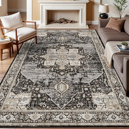 RUUGME 7x9 Area Rug Washable - Living Room Area Rugs with Non Slip Backing Stain Resistant Carpet Indoor Soft Carpets Distressed Decoration Mat for Bedroom Dining Room 7x9 Black