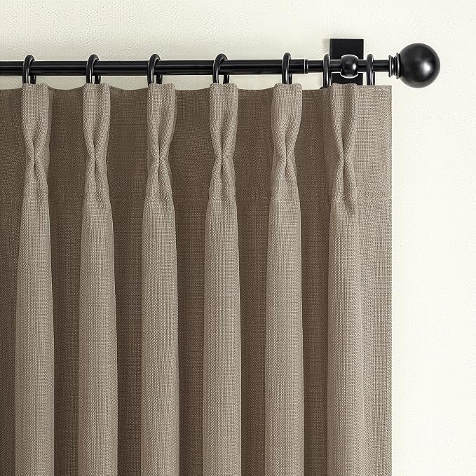 Linen Blackout Extra Short Kitchen Curtains 45 Inch Length, Memory Trained Pinch Pleated Thermal Small Cafe Curtain Double Layer Soundproof Light Blocking Mini Decorative Windows Drapes 2 Panels Set