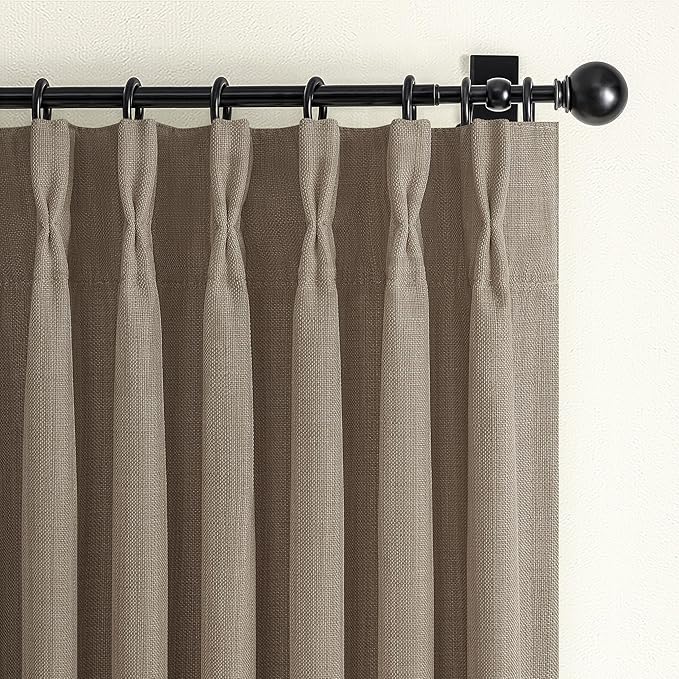 Natural Linen Blackout Short Curtains 63 Inches Long for Kitchen 2 Panels Set, Memory Trained Pinch Pleated Double Layer Modern Curtain Thermal Energy Efficient Mini Windows Drapes with Hooks & Rings