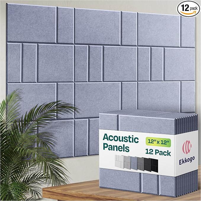 Acoustic Panels 12-Pack Soundproof Wall Panels 12"x12"x0.4" Decorative Sound Dampening for Your Home, Office, Studio, Bedroom & More with Unique GridFrame Carving [Dusky Gray]