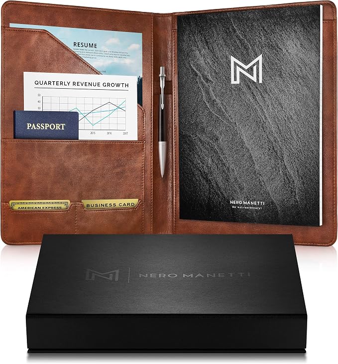 Nero Manetti - Leather Portfolio Folder - Business PU Leather Notepad Holder for Resumes, Legal Pad Executive Binder, Professional Padfolio Notebook for Women/Men (Brown)