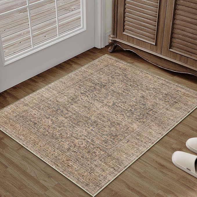 PureCozy Washable Area Rug 2x3, Small Non-Slip Brown Entryway Door Mat Vintage Low Plie Thin Indoor Kitchen Bathroom Rug Retro Accent Throw Entrance Bedroom Office Carpet
