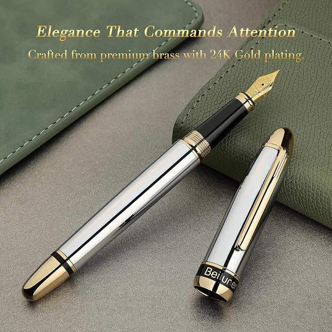 BEILUNER 315 Silver Chrome Fountain Pen,Stunning Luxury Pens with 24K Gold Accents, Gorgeous 24K Gilded Nib(Fine), Ink Converter,Fancy Pen Gift for Men&Women-Elegant, Office, Writing, Nice Design