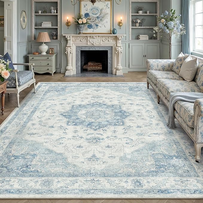 PureCozy Blue Area Rug 8x10 Washable Vintage Carpet for Living Room Bedroom Large Soft Retro Low Pile Thin Indoor Rug Non Slip Oriental Medallion Floor Cover for Dining Room Office