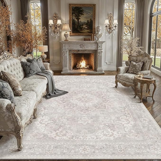 PureCozy Gray 8x10 Area Rug for Living Room Washable Vintage Large Carpet Non Slip Low Pile Indoor Bedroom Soft Retro Oriental Medallion Grey Accent Throw Rug for Kitchen Dining Room Office