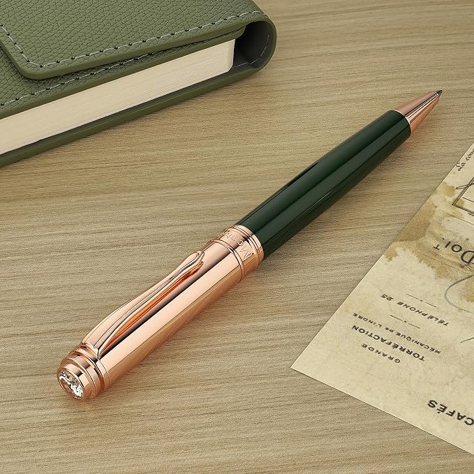 MCNTEIK Luxury Gel Pen, Top Set With 8mm Brilliant Diamond,Dark Green Pen Body,Attractive Rose Real Gold Finish, Black Refill,Elegant Gift Pen For Women, Executive, Fancy, Graduation, Nice Pens