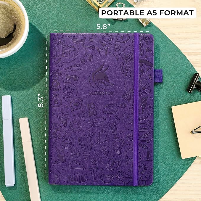 Clever Fox Dotted Journal 2.0 – Compact Planning and Sketching Dot Grid Notebook 120 GSM Thick, No-Bleed Paper – Planner with Pen Loop, Pocket, Ribbons, Stickers A5 - Purple