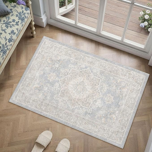 PureCozy Blue 2x3 Entryway Area Rug Washable Vintage Door Mat Non Slip Low Pile Carpet Indoor Soft Retro Mat Oriental Medallion Accent Throw Rug for Bathroom Office Bedroom Living Room