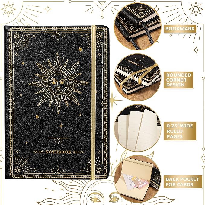 Artfan Ruled Notebook/Journal – Premium Thick Paper Classic Writing Notebook with Pocket + Page Dividers Gifts, Banded, Large, 128 Pages, Hard Cover, Lined (5.3" x 8.26") - Black
