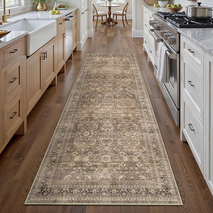 HUGEAR 2x10 Runner Rug Hallway Vintage Brown Machine Washable Retro Floral Low Pile Carpet Vacuumable Distressed Long Throw Rug Bedroom Office Bathroom Kitchen Laundry Non Slip Soft Lightweight