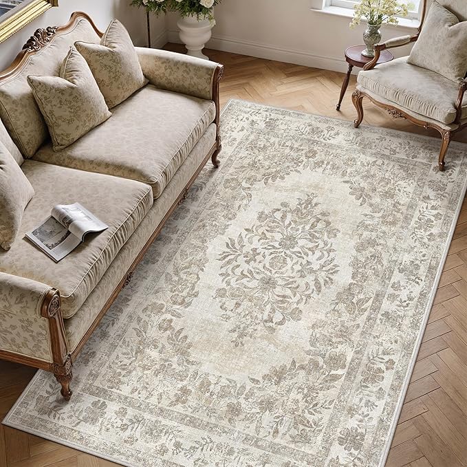 PureCozy 4x6 Area Rug Beige Washable Office Vintage Distressed Carpet Bedroom Indoor Medallion Floral Living Room Non Slip Retro Throw Floor Mat for Dining Room Kitchen Bathroom
