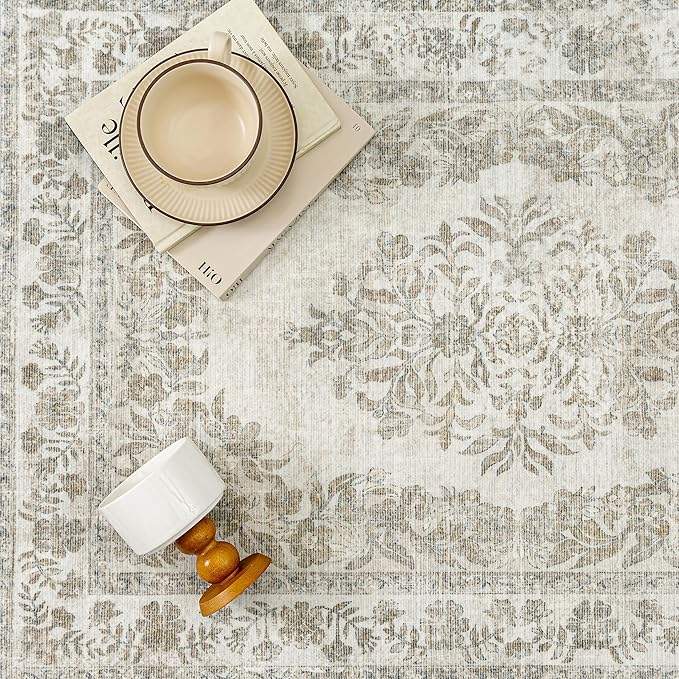 PureCozy 2'6"x10' Runner Rug Beige Washable Hallway Kitchen Bedroom Vintage Distressed Bathroom Non Slip Medallion Floral Carpet Indoor Retro Throw Floor Mat for Office Dining Laundry Living Room