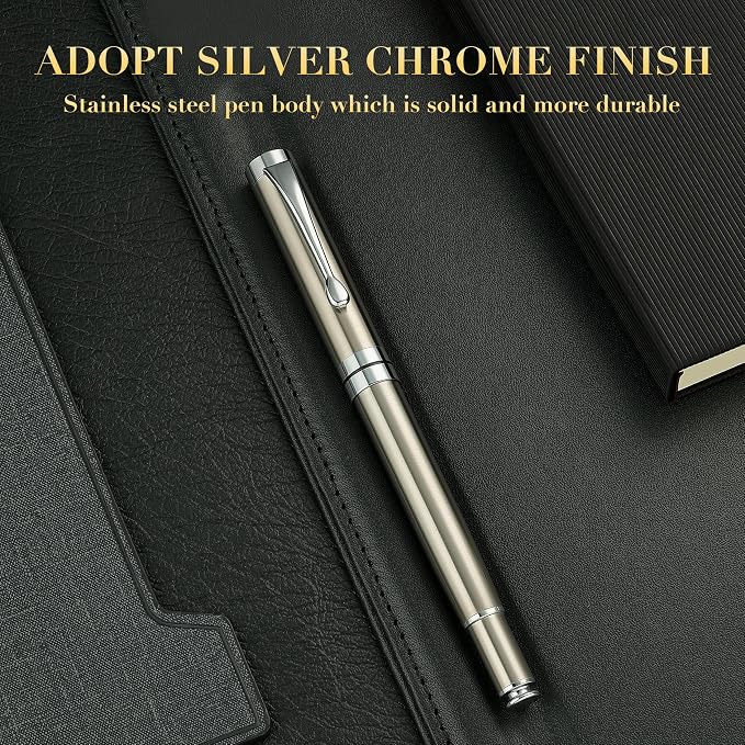 BEILUNER Silver Ballpoint Pens, Stainless Steel Body, Smooth Writing Experience, Dishwasher Safe, Gift Box with Extra Refill