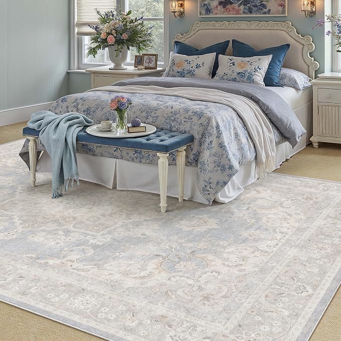 PureCozy Blue 5x7 Area Rug for Living Room Washable Vintage Carpet Non Slip Low Pile Indoor Bedroom Soft Retro Oriental Medallion Accent Throw Large Rug for Kitchen Dining Room Office