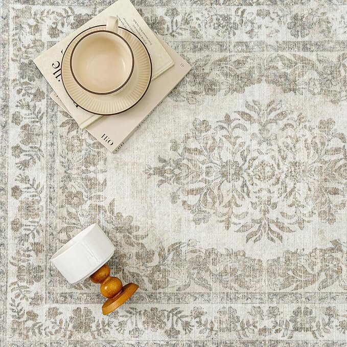 PureCozy 5x8 Area Rug Beige Washable Vintage Distressed Living Room Carpet Large Bedroom Indoor Neutral Medallion Floral Non Slip Retro Throw Floor Mat for Office Dining Room Kitchen Bathroom