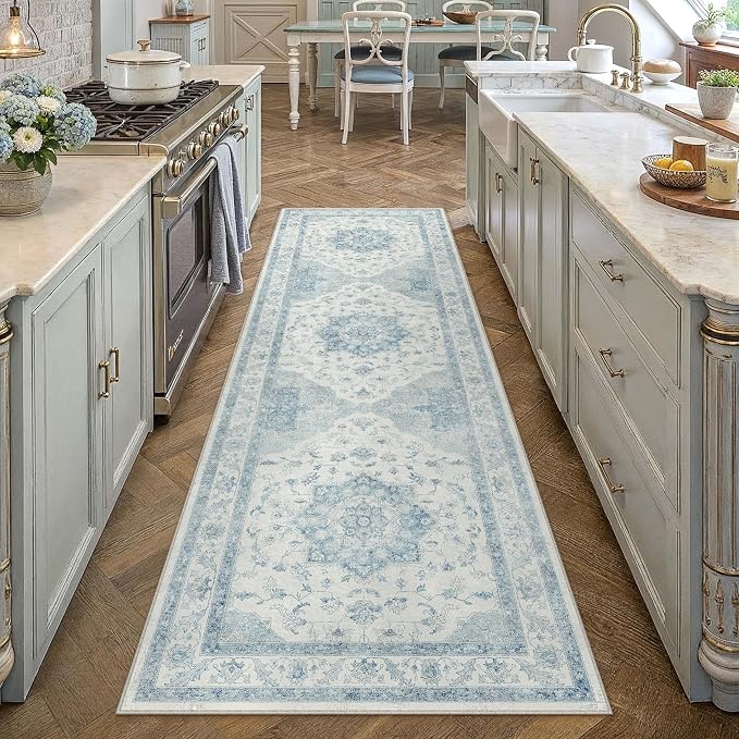 PureCozy Blue Runner Rug 2x8 Washable Vintage Carpet for Hallway Kitchen Soft Retro Low Pile Thin Indoor Runner Non Slip Oriental Medallion Long Throw Rug for Bathroom Bedroom Laundry Dining Room