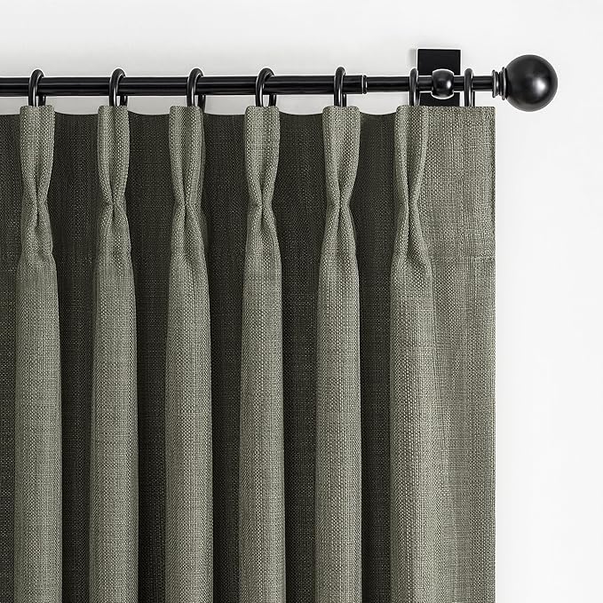 Memory Trained Pinch Pleated Blackout Linen Blend Dual Layer 78 Inches Curtains for Sliding Glass Door, Greenish Grey Thermal Soundproof Farmhouse Window Drapes with Back Tab 40W x 78L 2 Panels Set