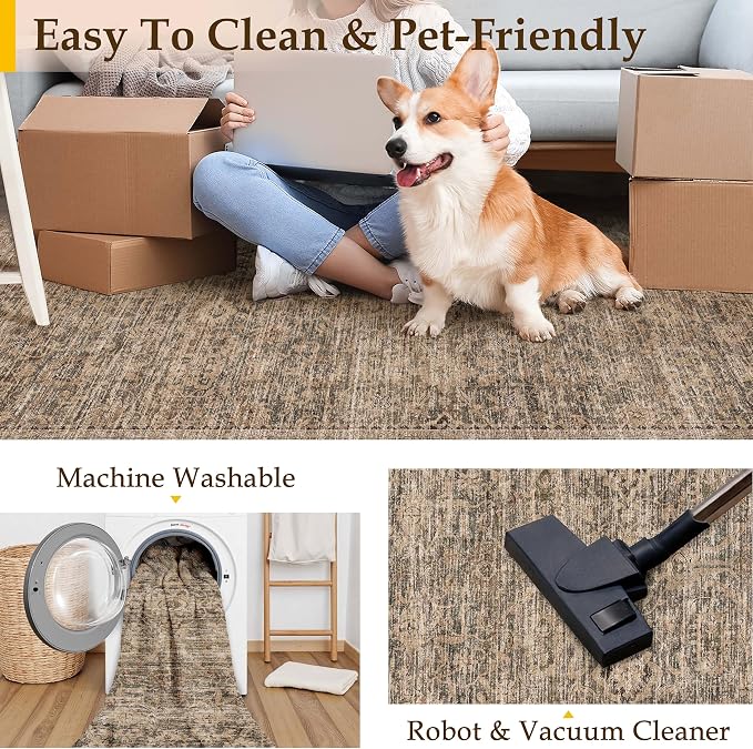 PureCozy Washable Area Rug 2x3, Small Non-Slip Brown Entryway Door Mat Vintage Low Plie Thin Indoor Kitchen Bathroom Rug Retro Accent Throw Entrance Bedroom Office Carpet