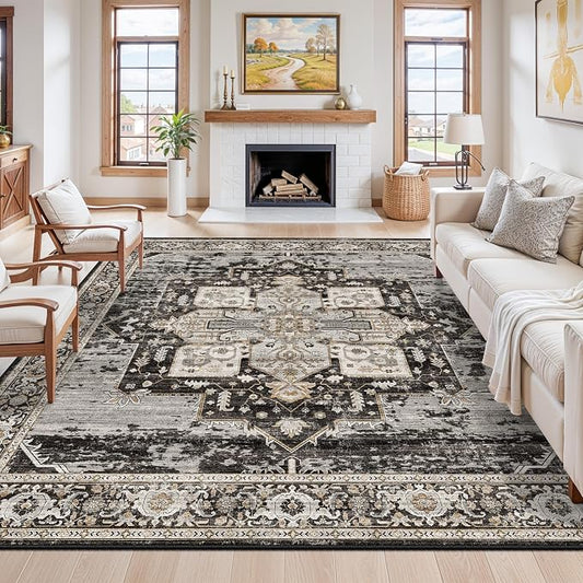 Living Room Area Rug 10' Square,Large Washable Area Rugs with Non Slip Backing Stain Resistant Carpet Indoor Soft Foldable Carpets Distressed Decoration Mat for Bedroom Dining Room 10X10 Black