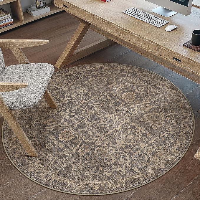 HUGEAR Round Rug 4ft Entryway Rugs Machine Washable Retro Brown Hallway Area Rug 4x4 Small Circle Vintage Rug Floral Low Pile Carpet Soft Throw Rug Living Room Office Laundry Room Entrance Non Slip