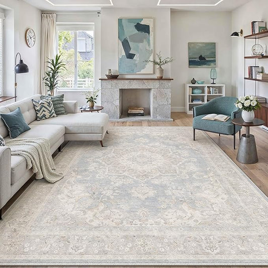 PureCozy Blue 8x10 Area Rug for Living Room Washable Vintage Large Carpet Non Slip Low Pile Indoor Bedroom Soft Retro Oriental Medallion Accent Throw Rug for Kitchen Dining Room Office