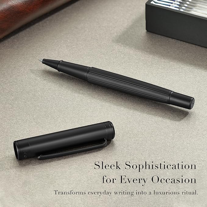 Matte Black Rollerball Pen, Distinctive Vertical Grooving Design, Luxury Pen with Schmidt Black Refill, Prefect Pen Gift Set for Men & Women, Business Signature, Refillable, Office, Nice Pens