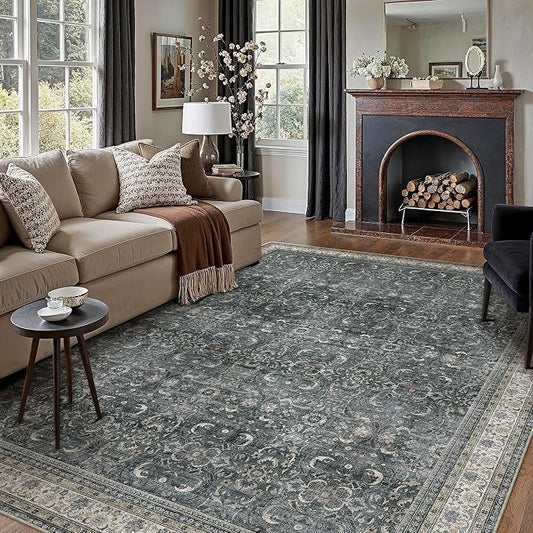 HUGEAR Area Rug 6x9 Vintage Black Machine Washable Living Room Rugs Distressed Retro Floral Vacuumable Low Pile Carpet Bedroom Office Dining Room Laundry Room Non Slip Soft Lightweight