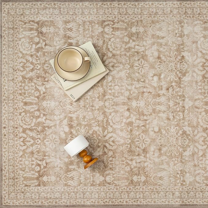 PureCozy 5x7 Area Rug Washable Vintage Living Room Bedroom Carpet Indoor Light Brown Non Slip Soft Low Pile Thin Rug Retro Accent Throw Office Dining Room