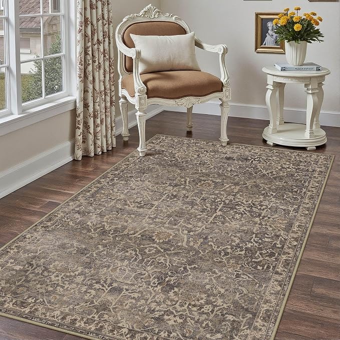 HUGEAR 4x6 Entryway Area Rug Retro Brown Small Rug Machine Washable Door Mat Vintage Floral Low Pile Carpet Vacuumable Distressed Throw Rug Entrance Kitchen Bedroom Bathroom Non Slip Lightweight