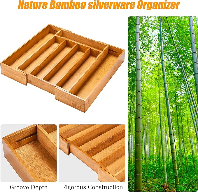 Silverware Organizer Kitchen Drawer Organizer Expandable Bamboo Utensil Holder Cutlery Tray for Kitchen Utensil and Flatware Bedroom Office
