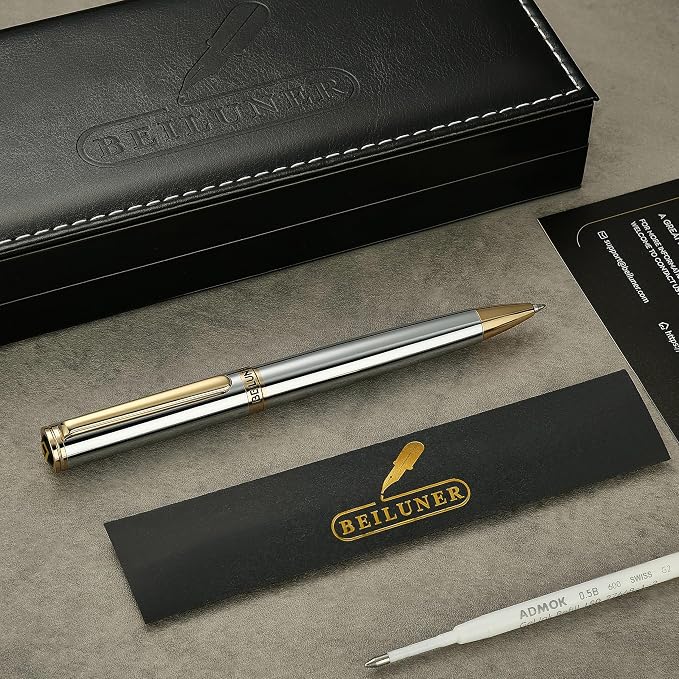 BEILUNER Silver Gold Gel Pen - Luxury Featuring sophisticated chrome finishes, with 24K Gold Accents, Best Pen Gift Set for Men & Women, Business Signature, Executive, Office Retractable Pens