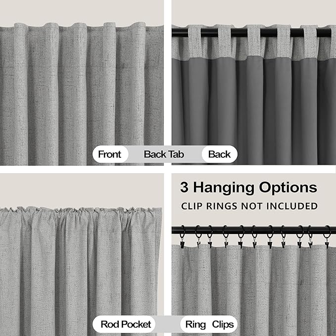 KOUFALL Light Grey Back Tab Linen Blackout Curtains for Living Room 52x108 Inch Length