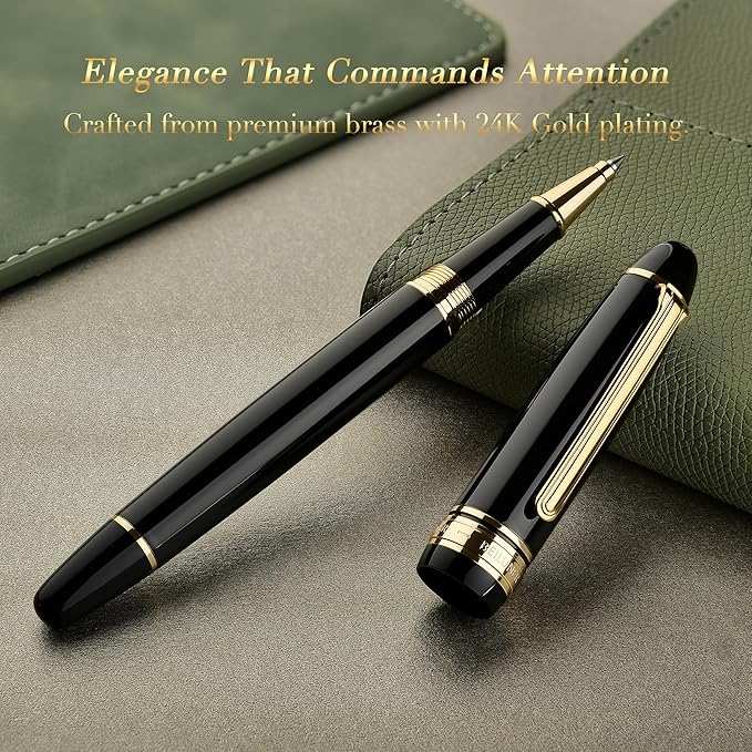 BEILUNER 319 Piano Black Lacquer Rollerball - Stunning Luxury Pen with 24K Gold, Heavy, Schneider Black Ink Refill, Best Gift Set for Men & Women, Professional, Executive Office, Fancy Classic Pens